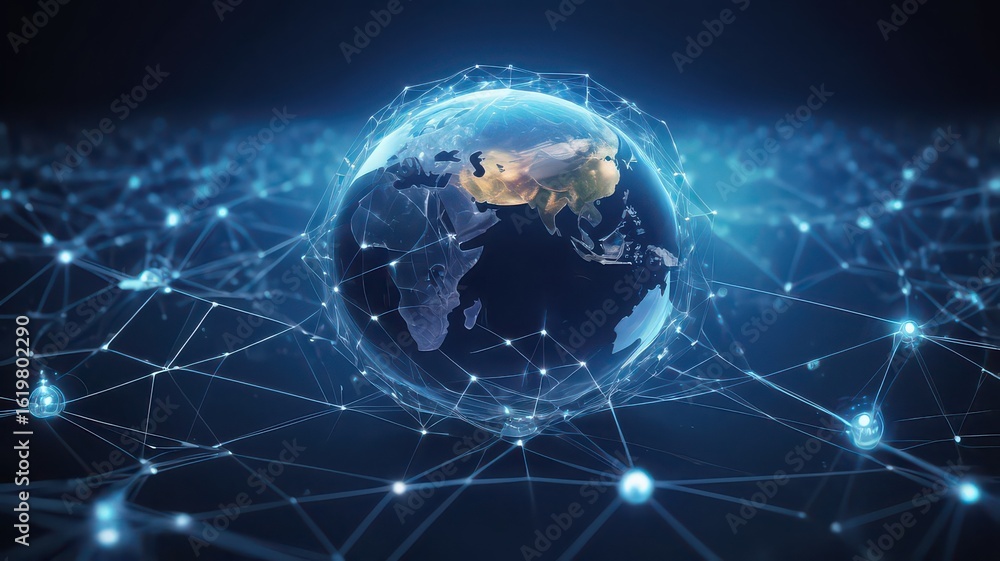 Poster a glowing earth globe surrounded by a network of interconnected nodes in a dark blue background