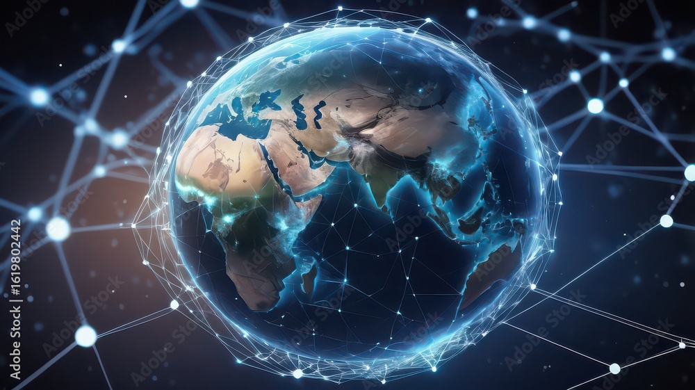 Poster a stylized earth globe surrounded by a glowing network of interconnected nodes and lines in space