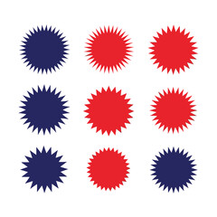 Collection of nine spiky starburst shapes in alternating red and blue colors displayed in a three by three grid
