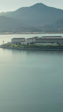 Aerial view of San Quentin Rehabilitation Center, a California state prison for men, located north of San Francisco in the USA, on a sunny day.