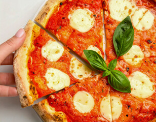 클래식 마르게리타 피자, 신선한 바질과 모짜렐라 치즈가 어우러진 이탈리안 피자 클로즈업