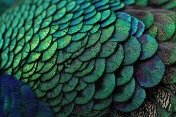 Close-up of iridescent teal and green overlapping bird feathers