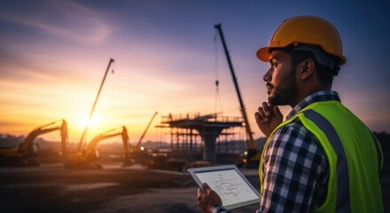 Civil engineer monitoring infrastructure development during sunset