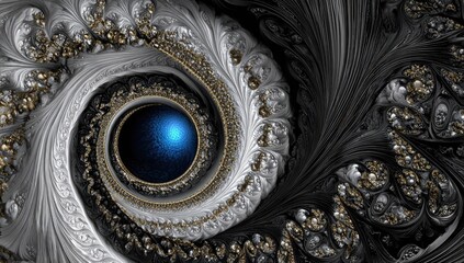 Swirling fractal pattern, dark and light grey, gold accents, central blue orb