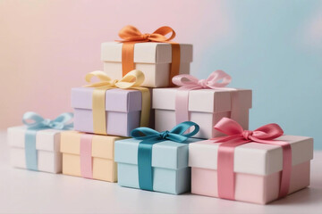 Obraz premium Neatly stacked gift boxes with ribbons sit against a pastel background, arranged for an e-commerce concept.