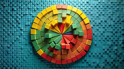 Fototapeta premium Colorful abstract circular data visualization with radiating segments and cubes, symbolizing business growth, information analysis, and strategic planning