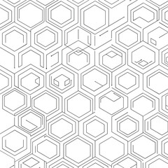Geometric hexagonal pattern design with interlocking cells creating a repeating module for various applications and industries