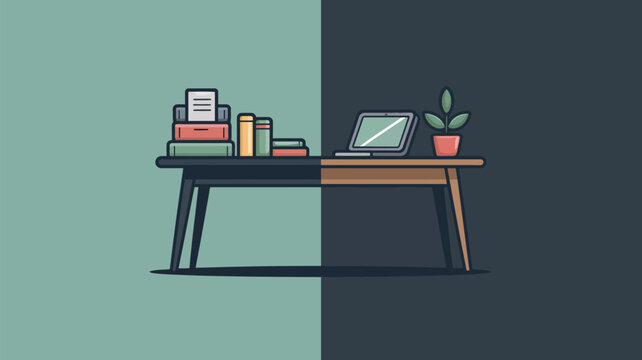 A desk with a laptop plant and books split between light and dark background illustration