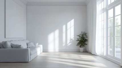 Bright living room with sofa and sunlight streaming through the window
