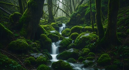 Lush green moss covered forest with a gentle waterfall cascading over rocks