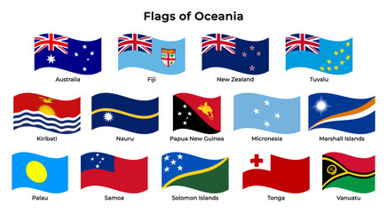 Collection of Oceania country wavy flags including Australia, Fiji, New Zealand, and others, isolated on a transparent background. Perfect for educational, travel, or cultural projects. Vector © Natali2510