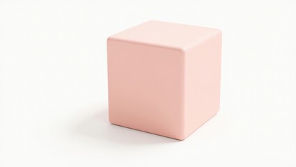 Fototapeta premium Solid, light pink cube object on white background.