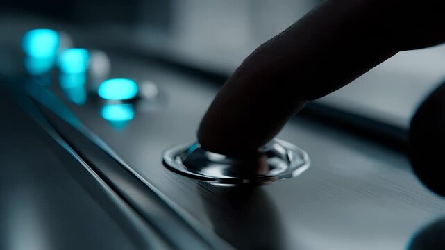 User presses button on bright panel. Finger touch activates interface switch. Control panel shows direct interaction. Smooth pressing gives user fast response. Finger controls switch with simple touch