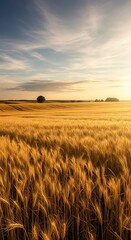 Golden wheat field under a vast sky with wispy clouds at sunset