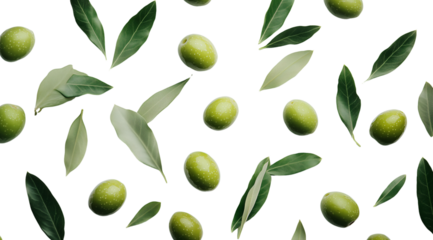 Olives and leaves on white surface, created with AI, PNG