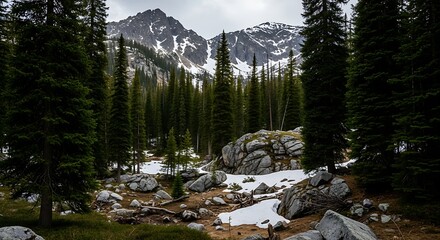 Snowy mountain peaks tower over a lush pine forest with boulders and ground snow