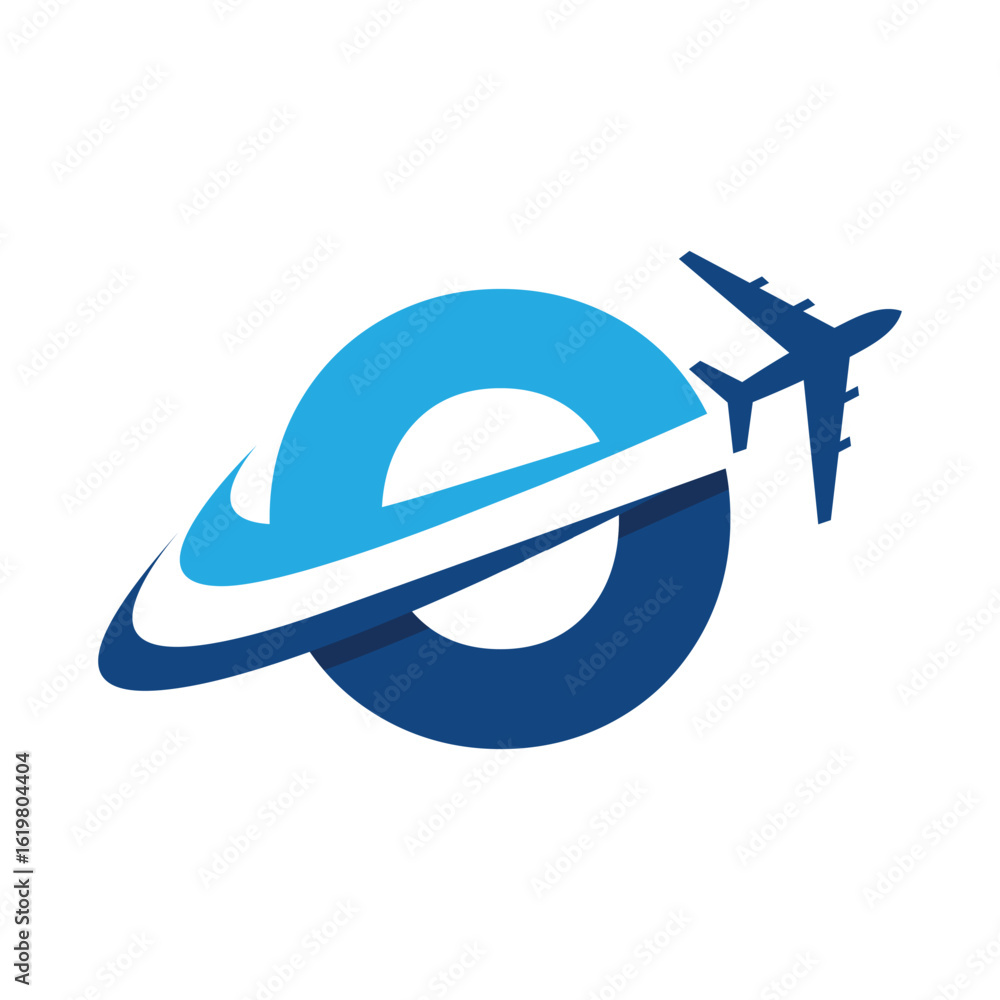 Poster the image shows a flat logo design of an initial letter o in blue color with an airplane flying thro