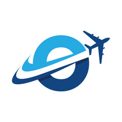 The image shows a flat logo design of an initial letter O in blue color with an airplane flying through it creating two swoosh lines. It looks clean and modern on a white background.