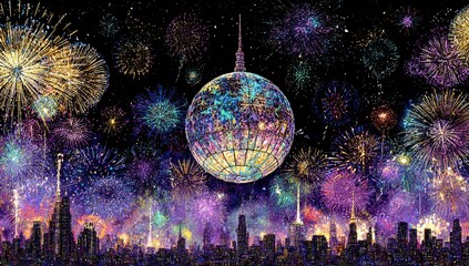 Festive city skyline with fireworks and disco ball