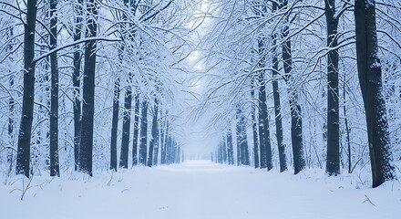 Snow covered trees line a path through a serene winter forest scene