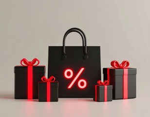 Black shopping bag with a bright red percentage symbol is centrally placed, surrounded by black gift boxes tied with red ribbons, signifying discount offers.