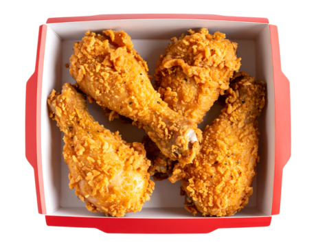 Four pieces of crispy fried chicken presented in a red box.