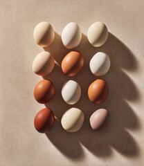 Twelve eggs of varying shades arranged in a grid cast shadows on a beige surface