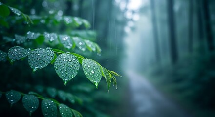 Close up of lush green leaves covered in raindrops on a misty forest path