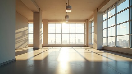 Fototapeta premium Empty sunlit room with large windows overlooking a city.