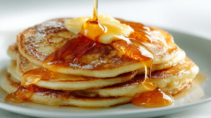 Delicious Stack of Fluffy Pancakes Topped With Melted Butter and Syrup on a White Plate