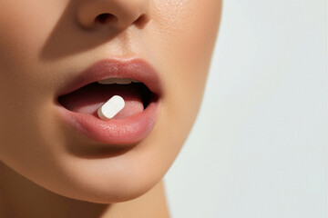 Close-up of a Woman Preparing to Take a White Pill in a Well-Lit Setting Emphasizing Health and Wellness Practices