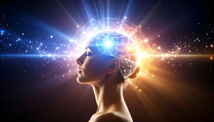 Illuminated female profile, brain outlined with light rays