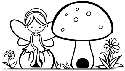 Fototapeta premium coloring page. Cute fairy illustration sitting on a pumpkin beside a large mushroom, surrounded by flowers and greenery, creating a whimsical and enchanting garden scene