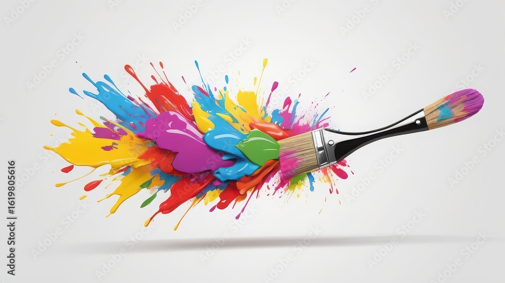 Poster a paintbrush with colorful paint splattered around it on a white background in a studio setting
