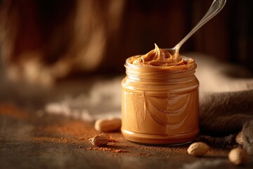 Close-up of a jar of smooth peanut butter, with a spoon and scattered nuts