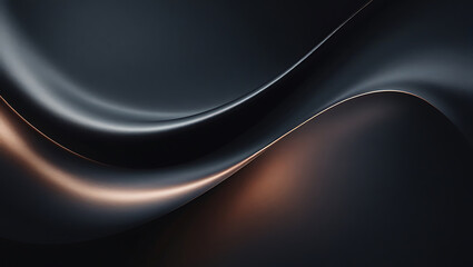 Dark Moody Abstract Background with Flowing Undulating Ribbons in Charcoal Grey and Black, Metallic Copper Accents, Satin Texture, Dramatic Lighting, Minimalist Elegant Composition with Depth
