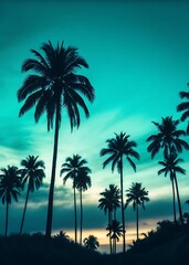 Obraz premium Silhouetted palm trees against a turquoise sunset sky