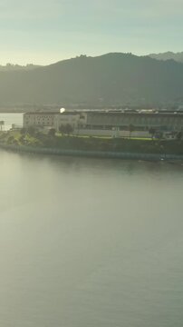 Aerial view of San Quentin Rehabilitation Center, a California state prison for men, located north of San Francisco in the USA, on a sunny day.