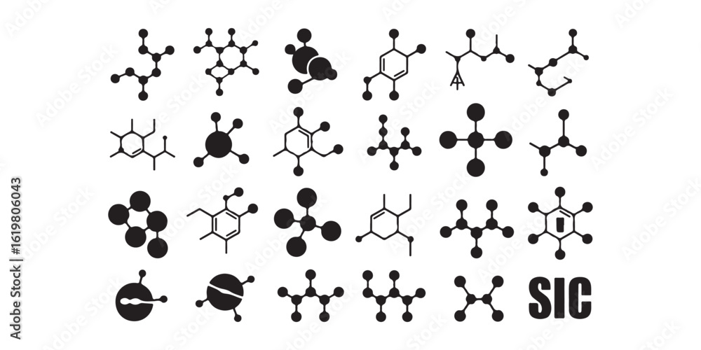 Poster collection of black and white molecule structures and sic text on a white background