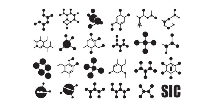 Collection of black and white molecule structures and sic text on a white background