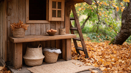 Rustic wooden playhouse surrounded by autumn leaves with a cozy entrance and decorative elements in a tranquil outdoor setting