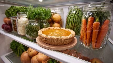 Freshly harvested vegetables and a homemade pie displayed in a refrigerator showcasing autumn bounty and healthy eating habits
