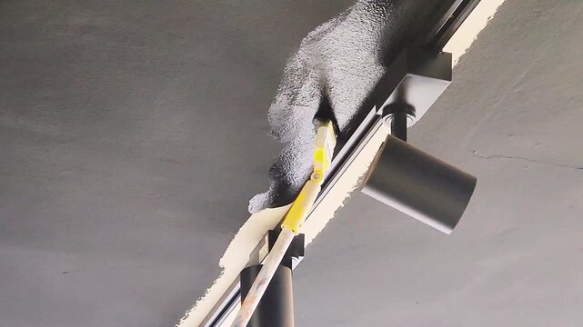 Touching up the ceiling edge cornices with black paint using a brush