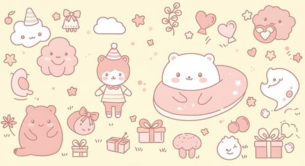 Adorable pastel-colored cartoon animals and celebratory elements.