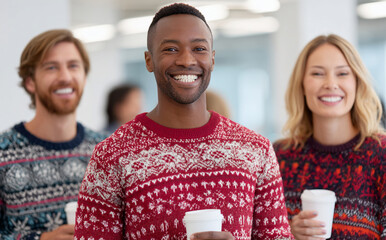 Group of friends enjoying warm drinks and smiling together in festive sweaters during a holiday gathering at an indoor venue
