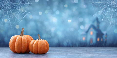 Seasonal display of pumpkins set against a misty background featuring a haunted house and cobwebs during autumn