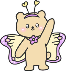 Butterfly Costume Bear with Antennae and Wings – Hand Drawn Pastel Fantasy Clipart