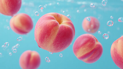 Delicious peaches floating in clear water create a refreshing visual experience, capturing the essence of summer and the joy of fresh fruit