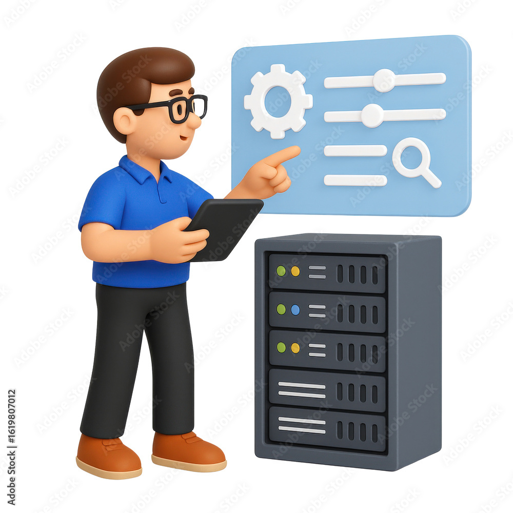 Aufkleber support technical system administration concept. a person managing server settings with a tablet.