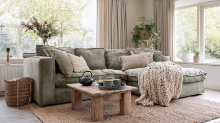 Comfortable living room featuring a green sofa, cozy decorative elements, and natural light streaming through large windows in a serene home setting
